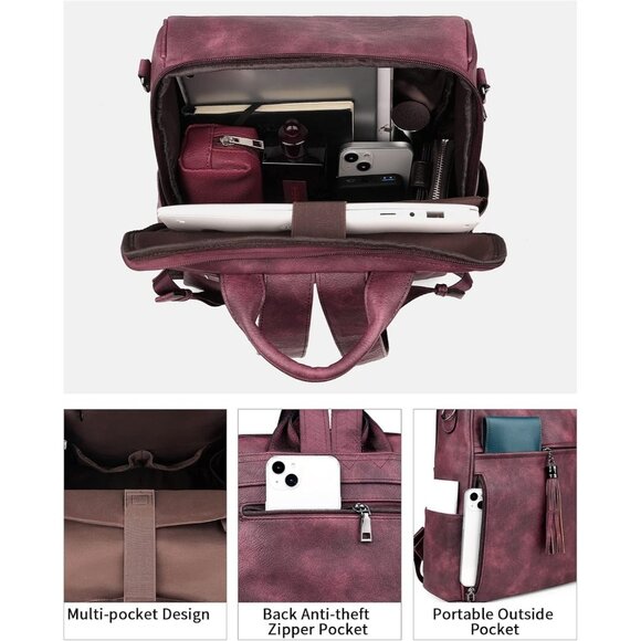 Women's Wine Red Retro Style Backpack Designer 15.6 inch PU Leather Laptop Bag - Picture 3 of 9